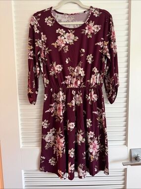 Floral Fit-and-Flare Dress in Burgundy